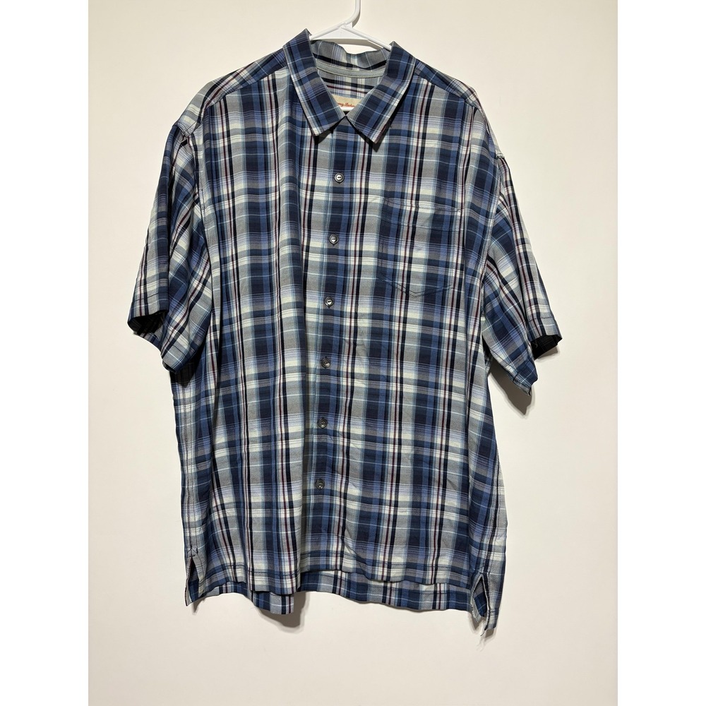 Tommy Bahama Shirt Mens XLX Blue Silk Plaid Short Sleeve Button Front Casual Top